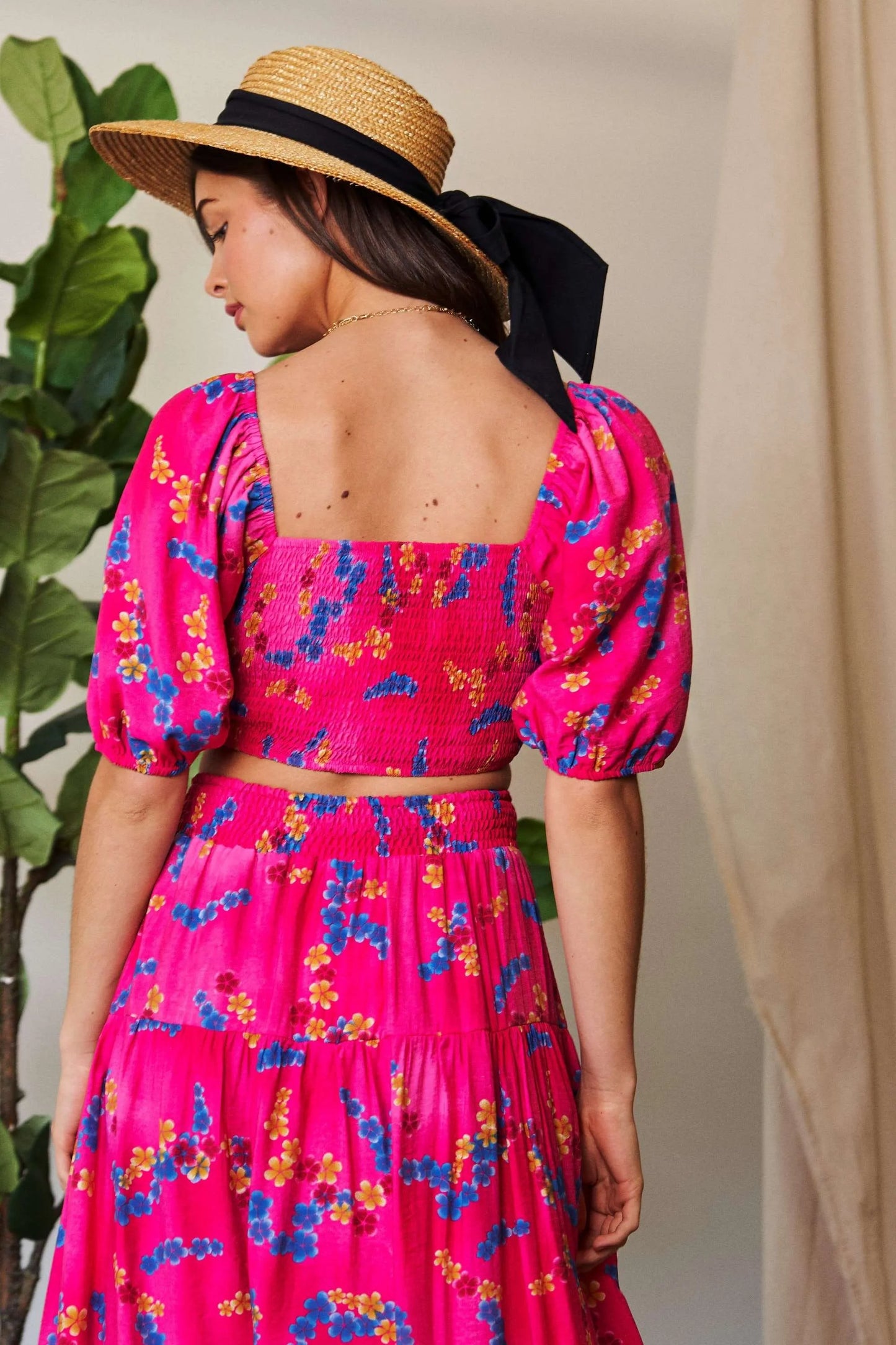 Davi & Dani Smocing Bodice Puff Short Sleeve Printed Crop Top