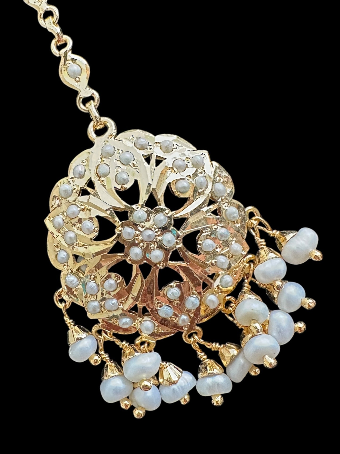 Gold plated silver tikka in fresh water pearls ( READY TO SHIP )