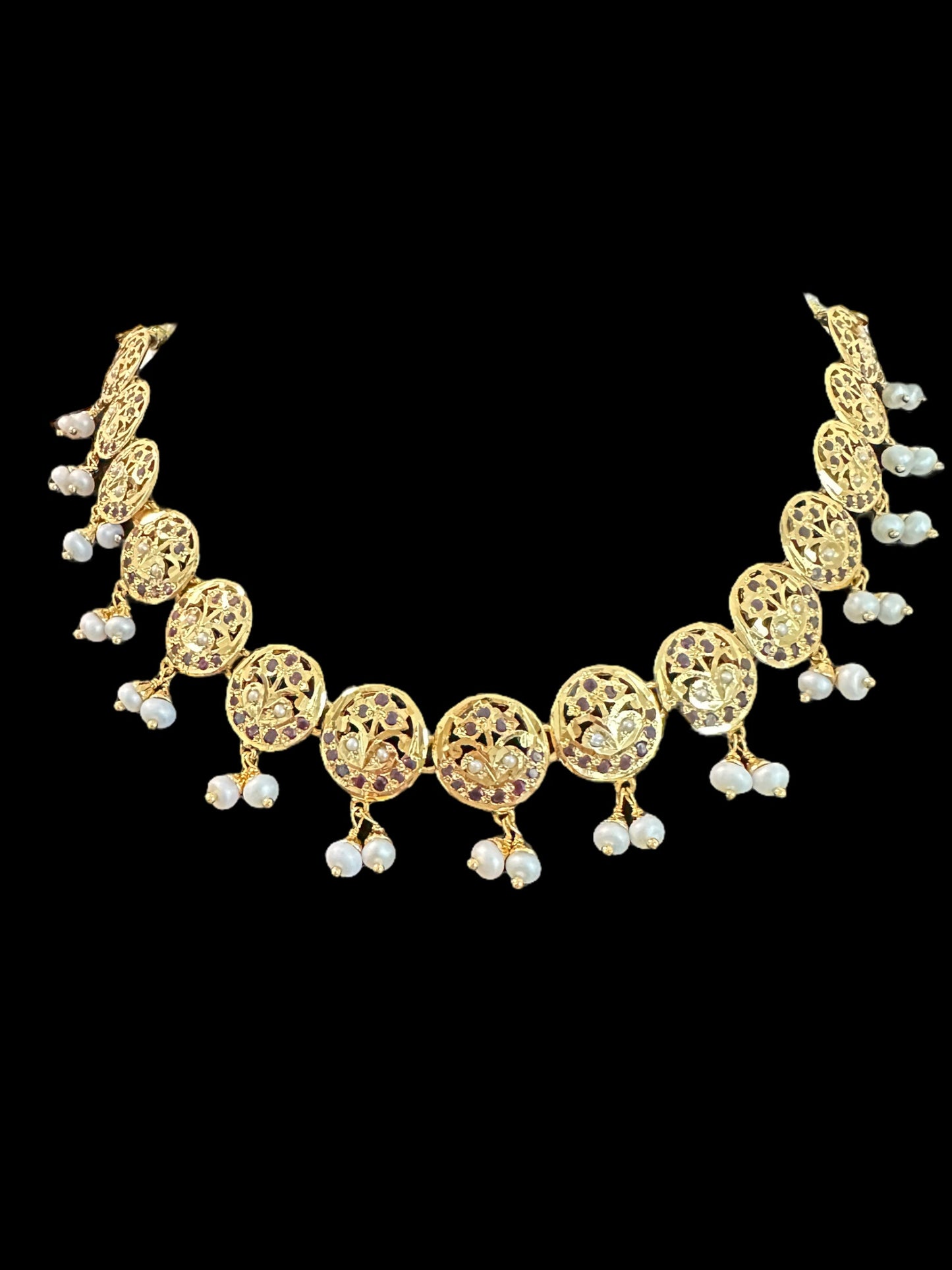 Garnet necklace set with fresh water pearls - gold plated silver ( READY TO SHIP )