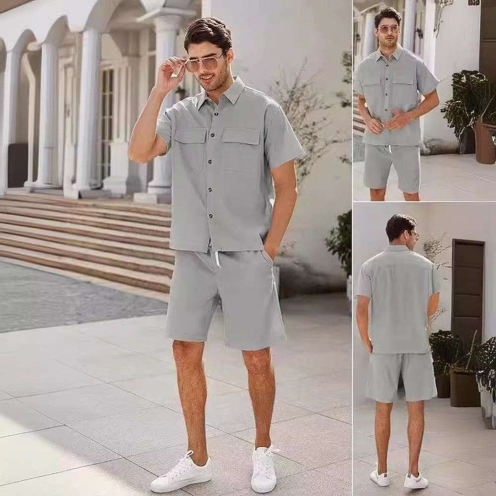 Men's Cotton Linen Two-Piece Summer Set - Short Sleeve Shirt & Shorts