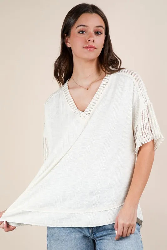 VERY J Oversized Contrast Knit Comfy Casual Top