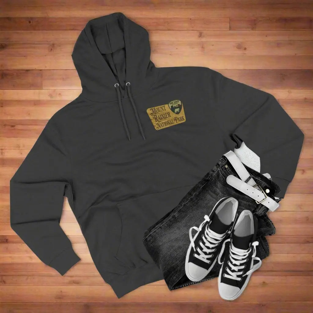 Mount Rainier National Park Fleece Hoodie Unisex Fit Scenic Wooden Mountain Sign