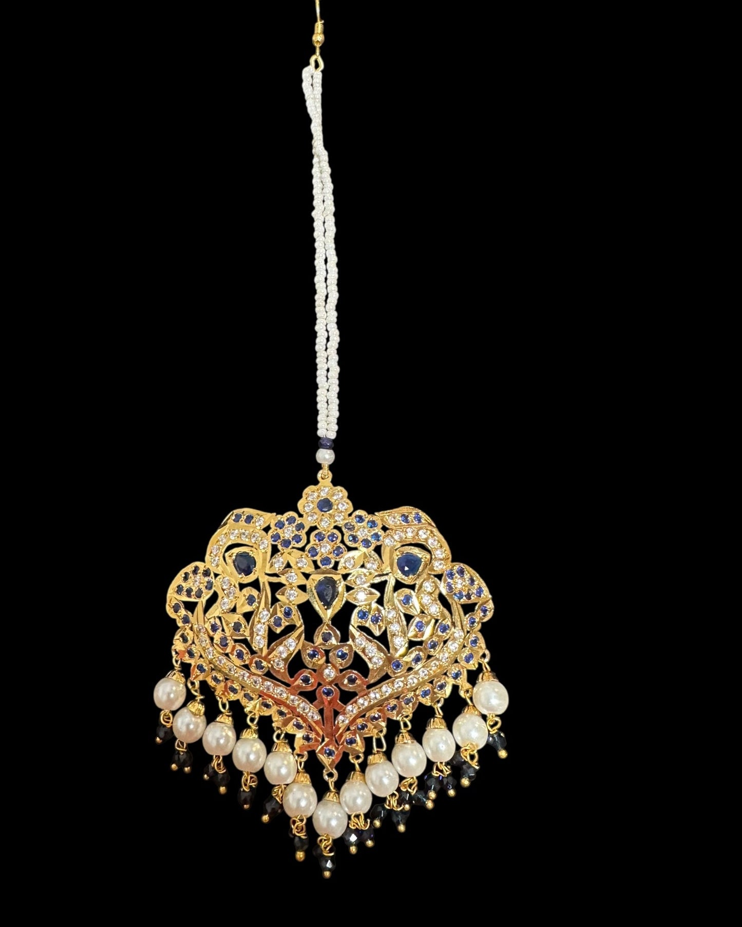 DNS204 Neeli jadau necklace with earrings tika in sapphire zircon(READY TO SHIP )