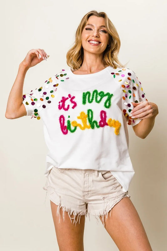 BiBi Metallic Letter Spangle Raglan Puff Sleeve Top