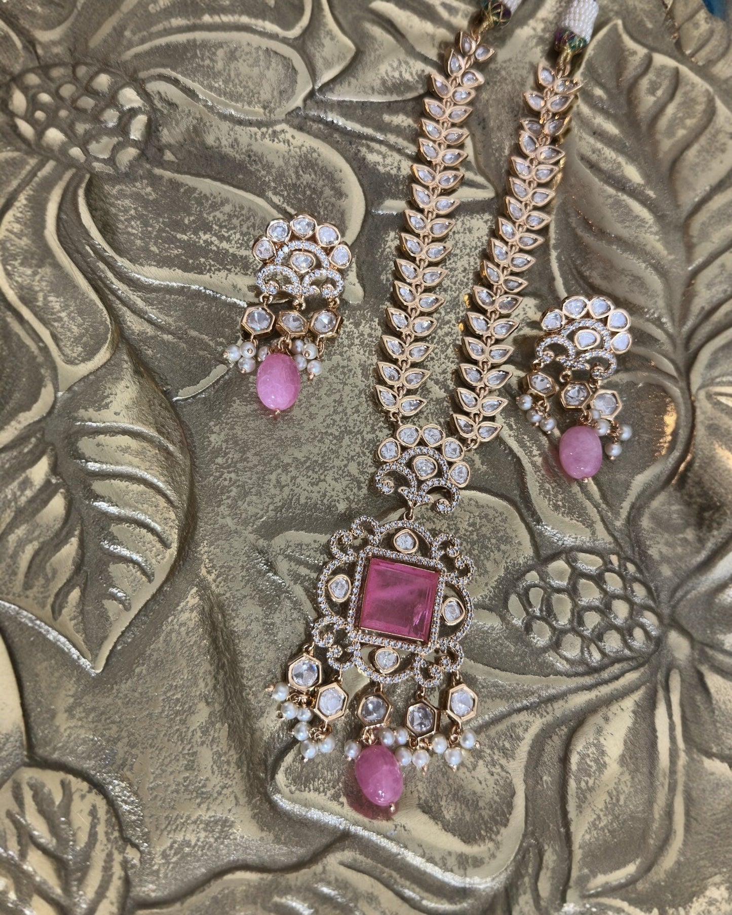 DNS173 Polki necklace set with pearls - PINK ( READY TO SHIP )