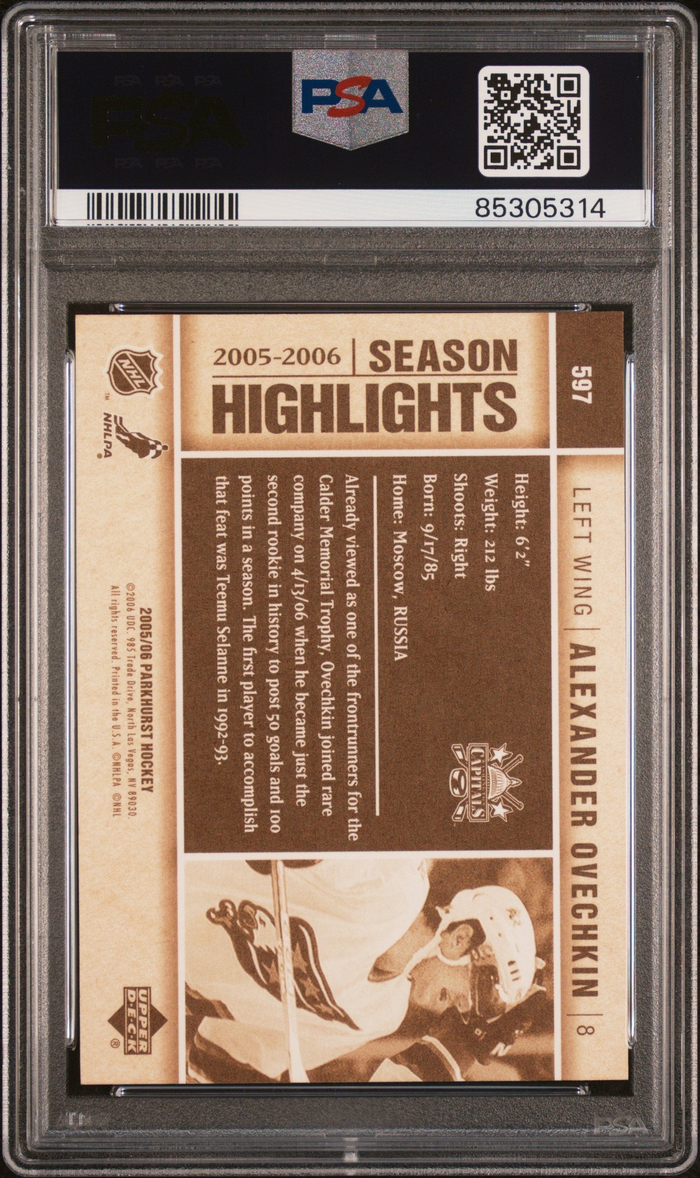 Graded 2005 Upper Deck Parkhurst Alex Ovechkin #597 Rookie RC Hockey Card PSA 10 Gem Mint