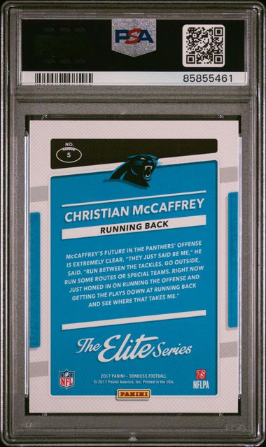 Graded 2017 Panini Donruss Christian McCaffrey #5 The Elite Series Rookies RC Football Card PSA 10 Gem Mint