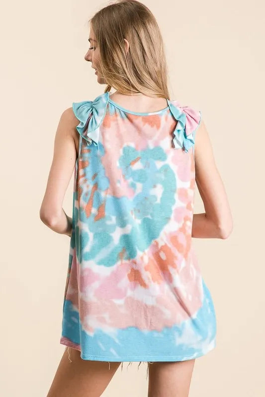 BiBi Circular Tie Dye Knit V Neck Top With Ruffle