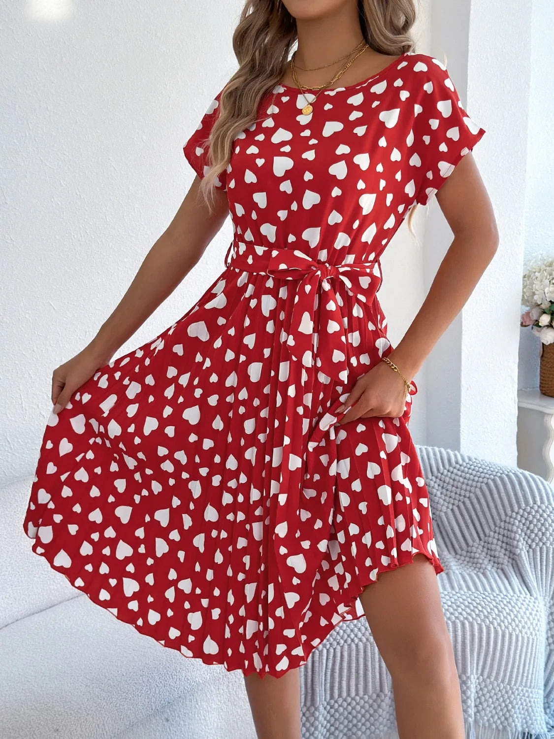 Heart Print Short Sleeve Tie Waist Dress