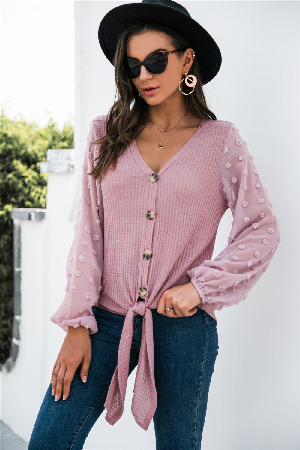 Sweet Texture – Tie-Front Puff Sleeve Button Blouse