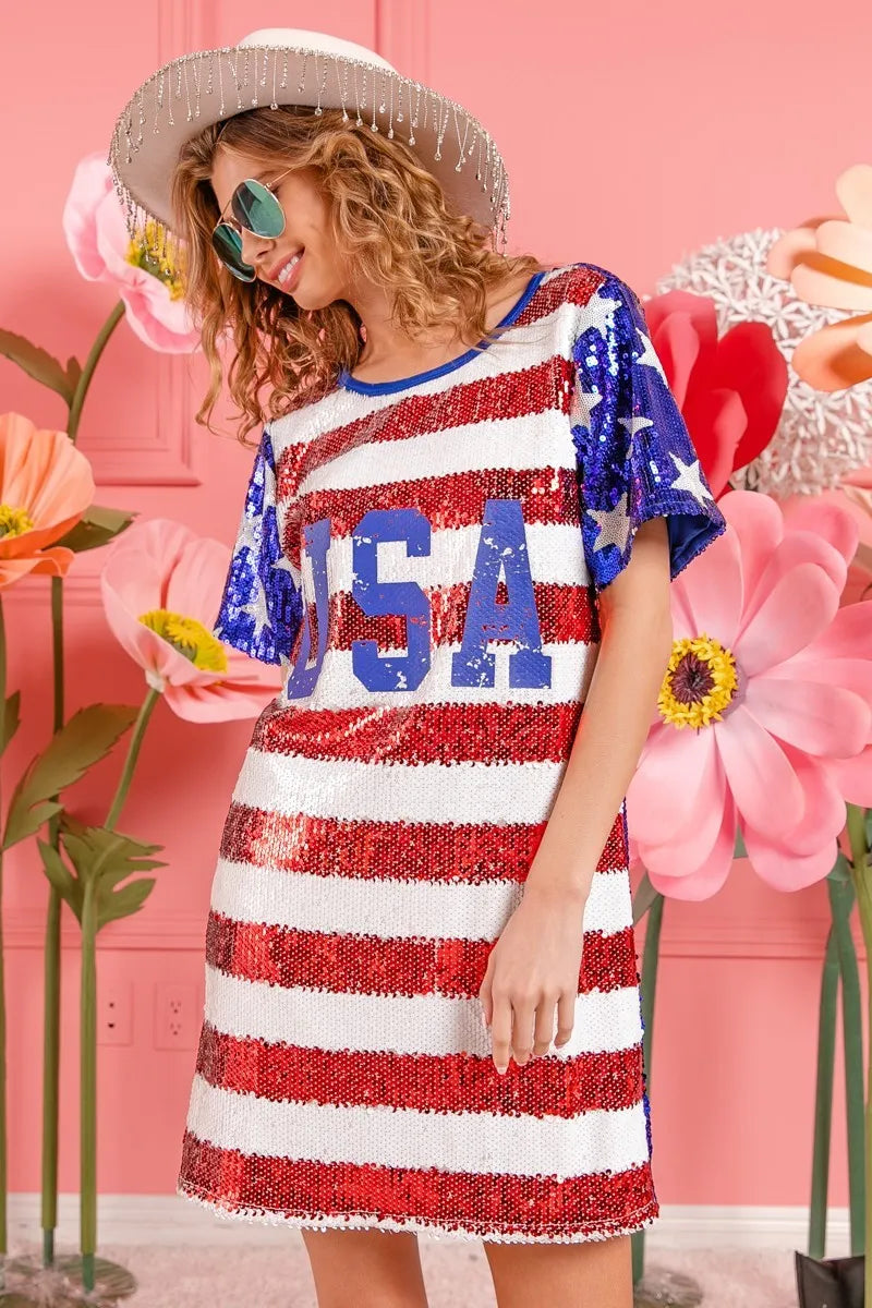 BiBi American Flag Theme Usa Print Sequin Dress
