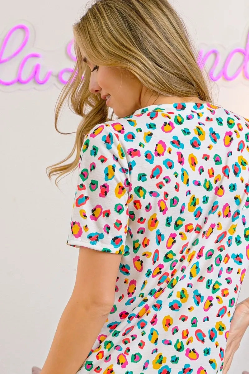 BiBi Multi Color Leopard Jersey Shirred V Neck Top