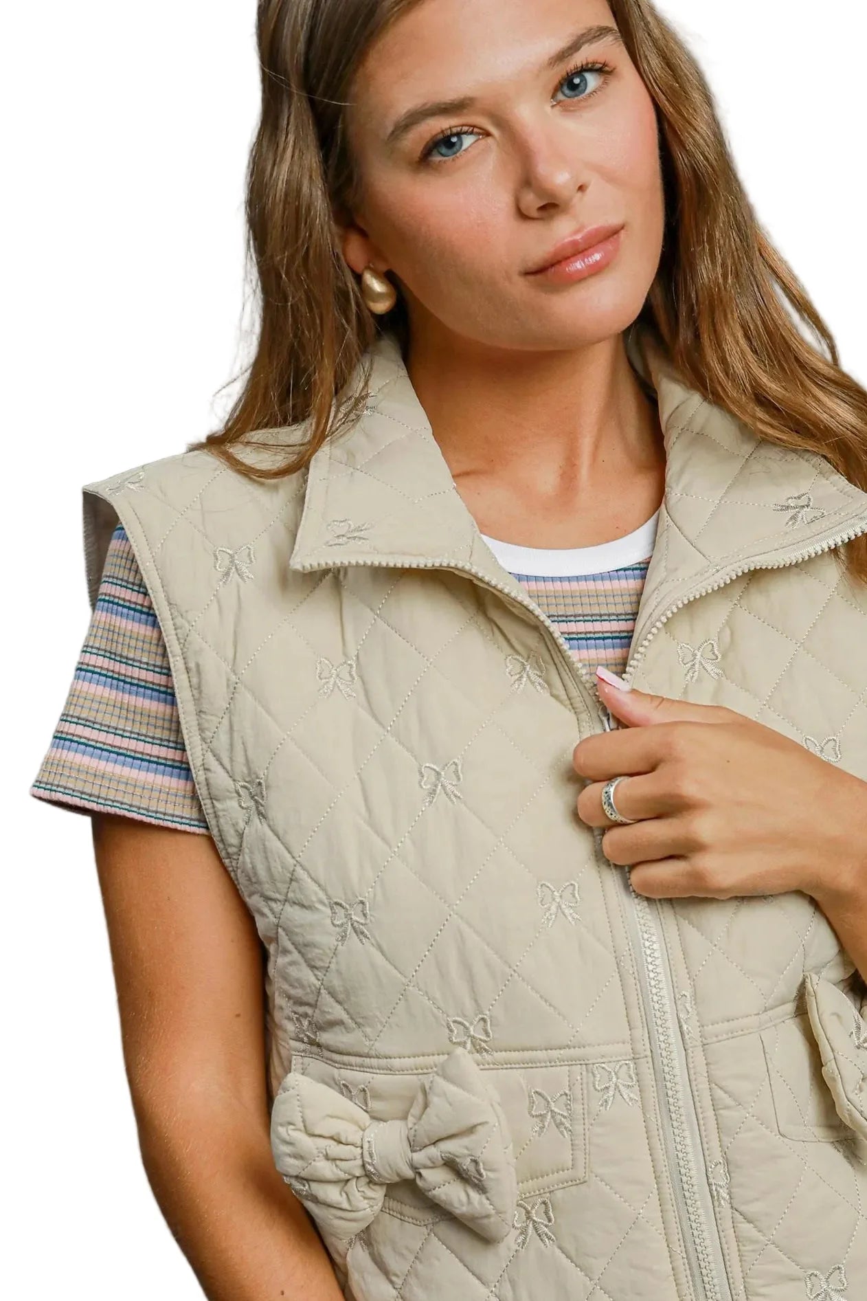 Sleeveless Quilted Vest with Bow Details