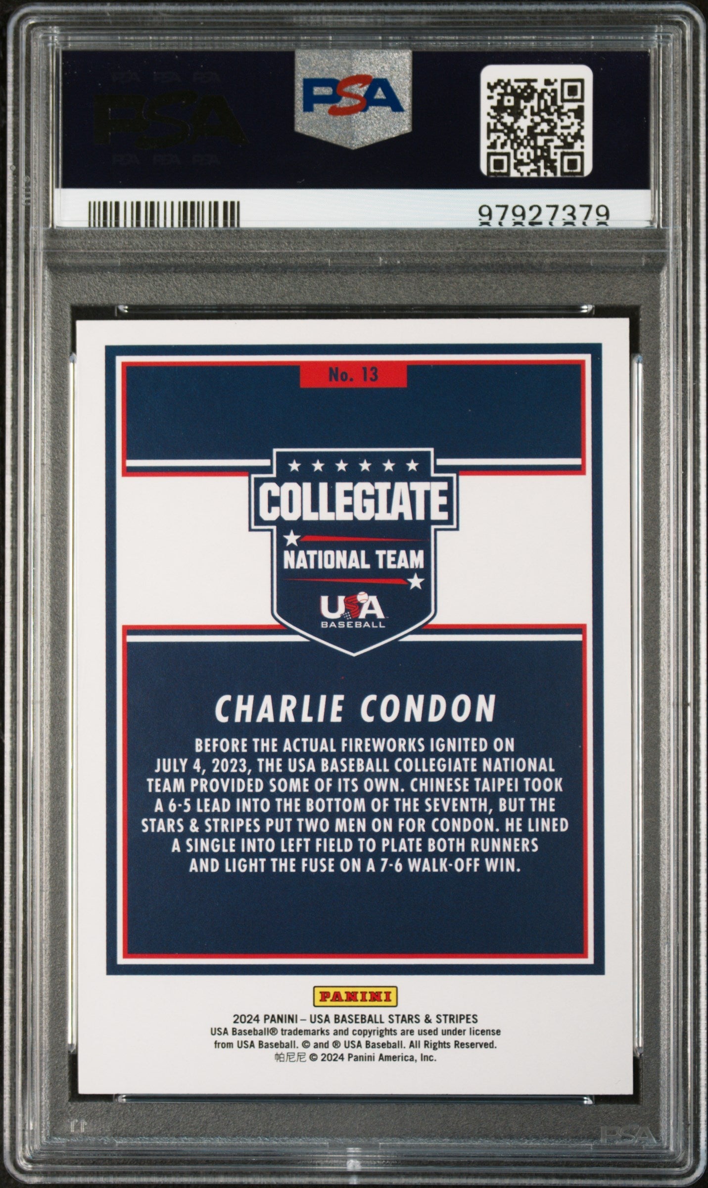 Graded 2024 Panini Stars & Stripes USA Charlie Condon #13 Opening Day Rookie RC Baseball Card PSA 10 Gem Mint