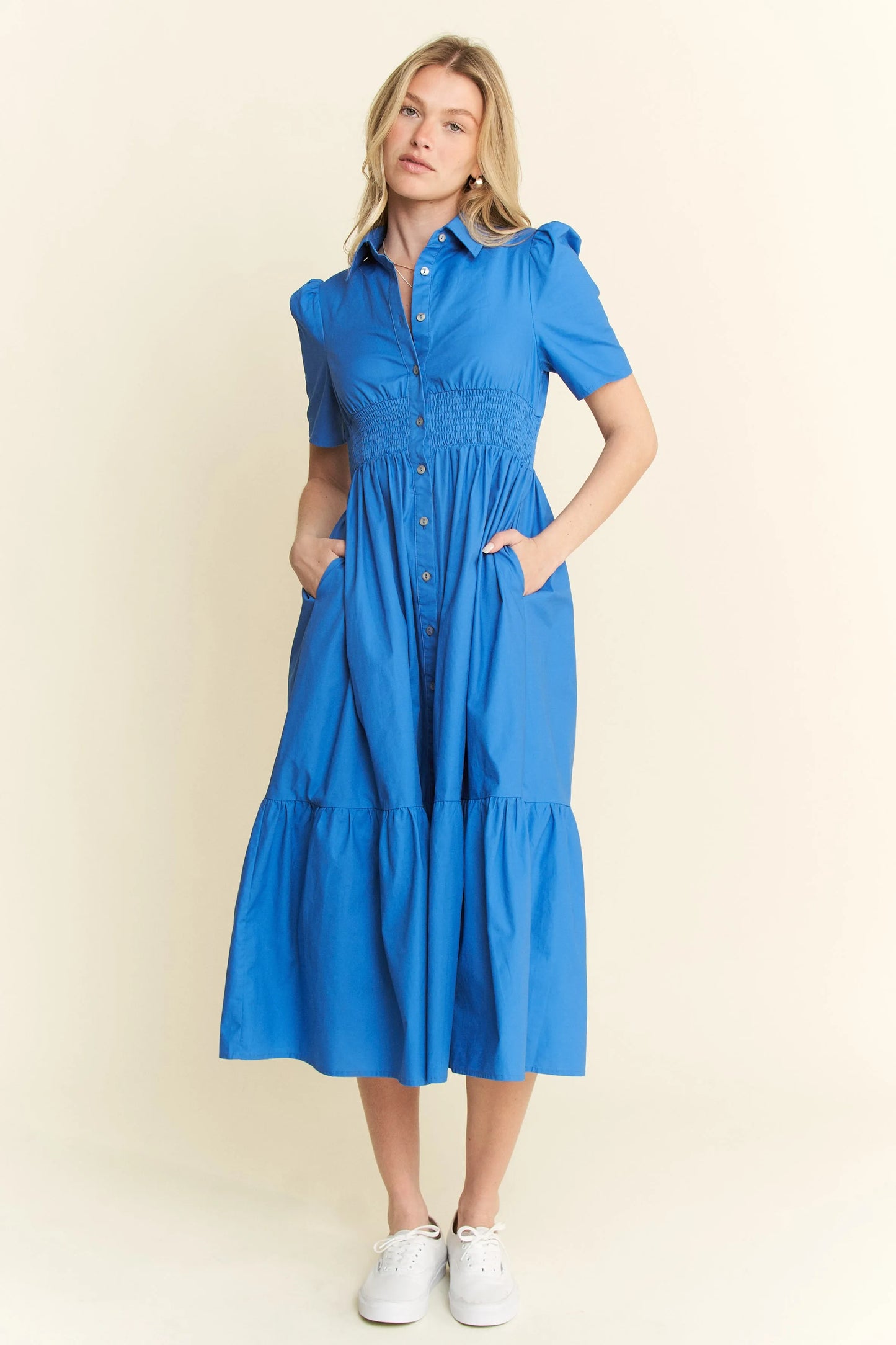 Jade By Jane Short Sleeve Button Down Midi Dress