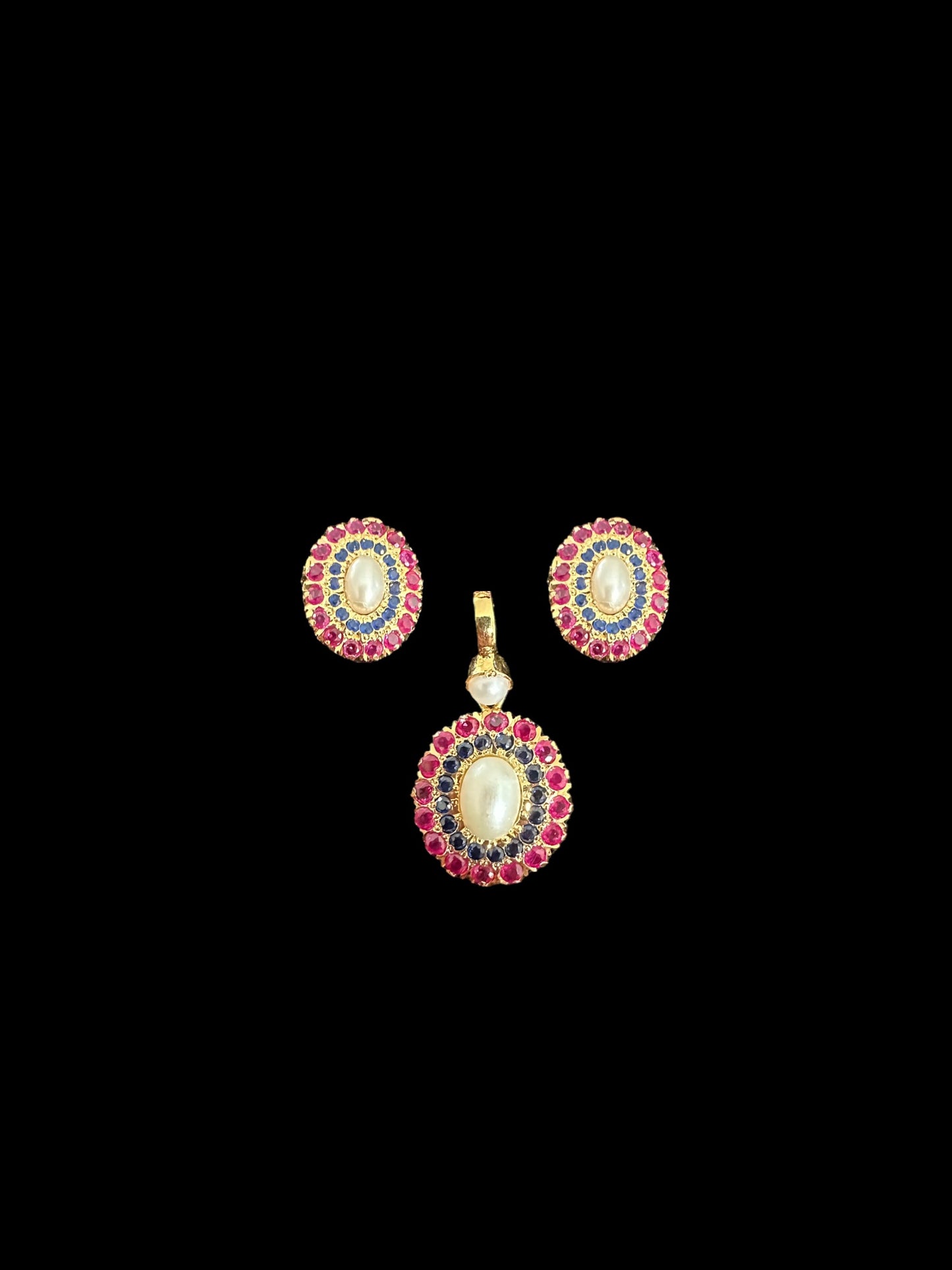 Gold plated jadau silver pendant set in ruby sapphire ( SHIPS IN 3 WEEKS )