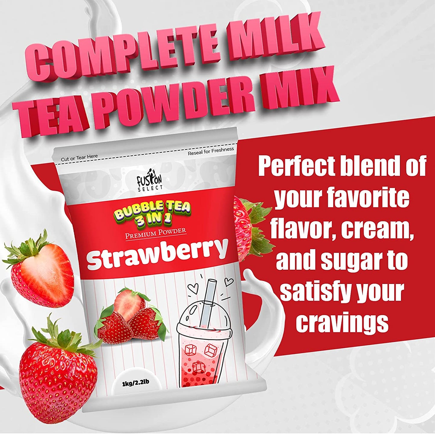 Fusion Select 2.2lb Strawberry Milk Tea Powder Flavored-3-in-1 Drink Boba Tea Powder with Cream & Sugar - Instant Pre-Mixed Beverage for Hot or Cold Blends or Yummy Frappes Bubble Tea