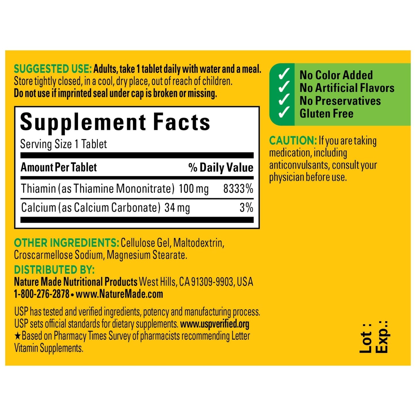Vitamin B1 100 mg Tablets, 100 Count for Metabolic Health EXP 1/2026