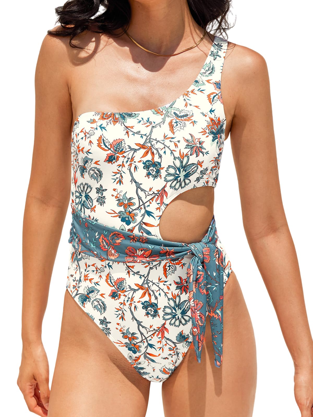 CUPSHE Women's One Piece Swimsuit One Shoulder Side Cutout Belted Self Tie High Cut Swimwear, L