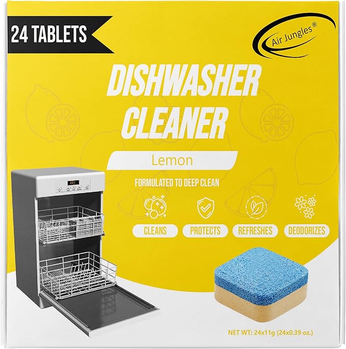 Air Jungles Dishwasher Cleaner Tablets (24 Count), Lemon Scent, Deep Cleaning Descaler, Formulated To Clean Dishwasher Machine, Remove Odor, Hard Water, Calcium, Bad Smell, 12 Month Supply