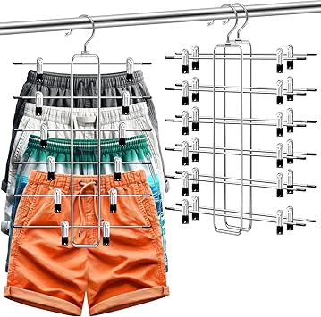 2 Pack Closet-Organizers-and-Storage, 6 Tier Mens-Shorts Pants-Hangers-Space-Saving, Skirt-Hangers with Clips for Closet Organizer, College-Dorm-Room-Essentials, Jean Yoga Legging Hanger Organizer
