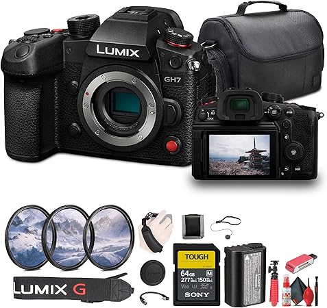 Panasonic Lumix GH7 Mirrorless Camera (DC-GH7BODY) + 64GB SF-M Tough Series Memory Card + Bag + Card Reader + Flex Tripod + Cleaning Kit + Memory Wallet + Hand Strap + Cap Keeper