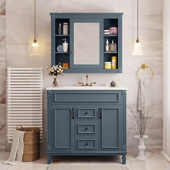 Merax 36_„� Bathroom Vanity with Sink, 36 inch Bathroom Vanity Cabinet with Matching Mirror Medicine Cabinet, Bathroom Storage Cabinet with Sink Top (Sink Cabinet + Mirror Cabinet Set, Blue)