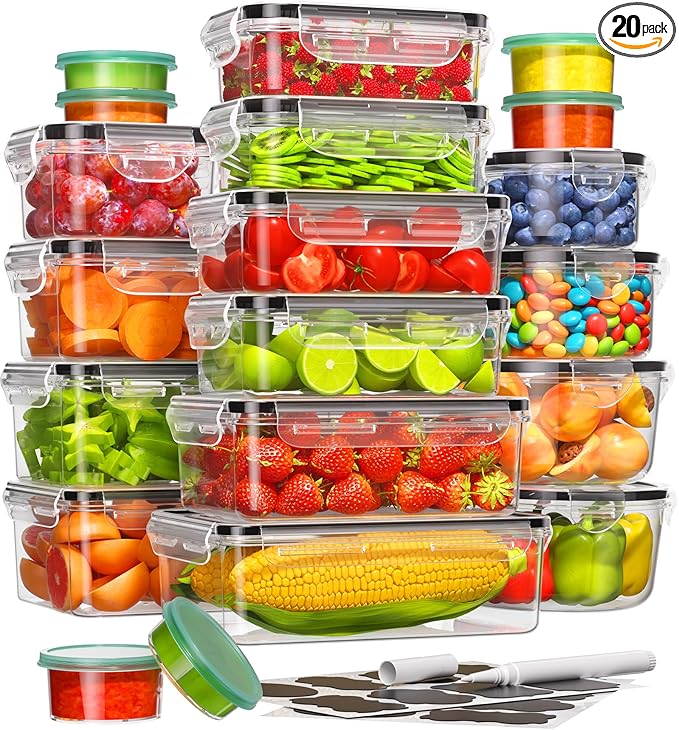 40 Piece Food Storage Containers with Lids(20 Containers & 20 Lids), Plastic Food Containers with Lids for Kitchen Storage and Organization, BPA-Free & Leak Proof, Includes Labels & Pen