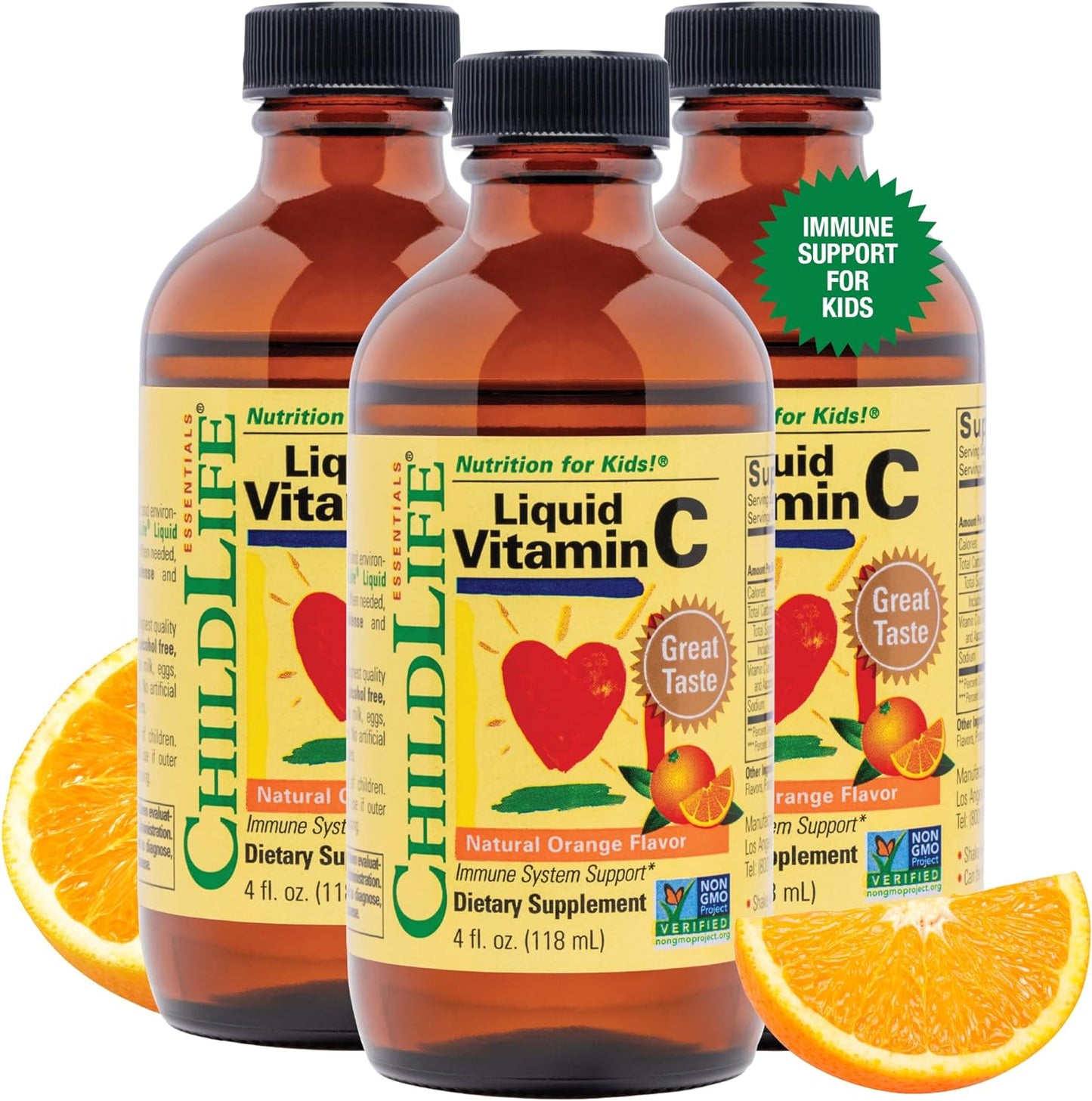 CHILDLIFE ESSENTIALS Liquid Vitamin C - Immune Support, Vitamin C Liquid, All-Natural, Gluten-Free, Allergen Free, Non-GMO, High in Antioxidants - Orange Flavor, 4 Ounce Bottle (Pack of 3)