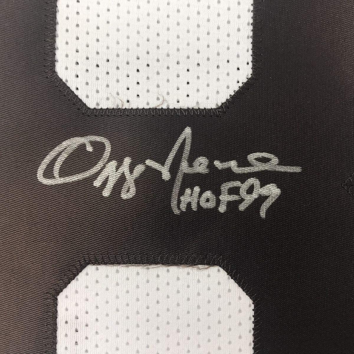 Framed Autographed/Signed Ozzie Newsome HOF 99 35x39 Cleveland White Football Jersey JSA COA