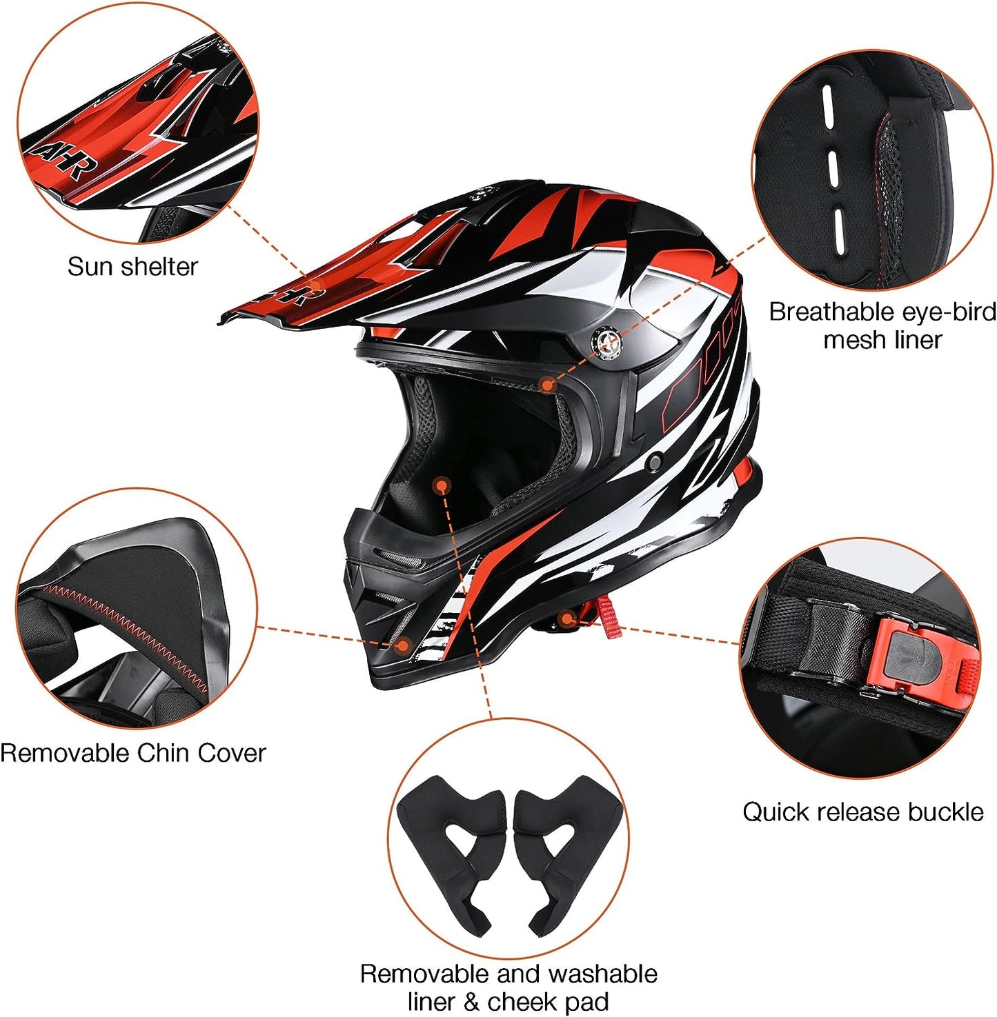 AHR Adult Offroad Dirt Bike Helmet Motocross ATV Dirtbike Outdoor BMX MX Full Face Motorcycle Helmet DOT Approved