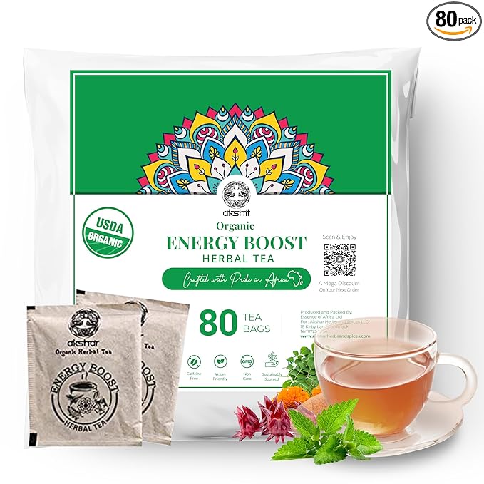 Energy Boost Tea (80 Tea Bags) Blend of Marigold (Calendula Flower) Moringa (Oleifera) Peppermint, Hibiscus Tea Energy Tea Caffeine Free