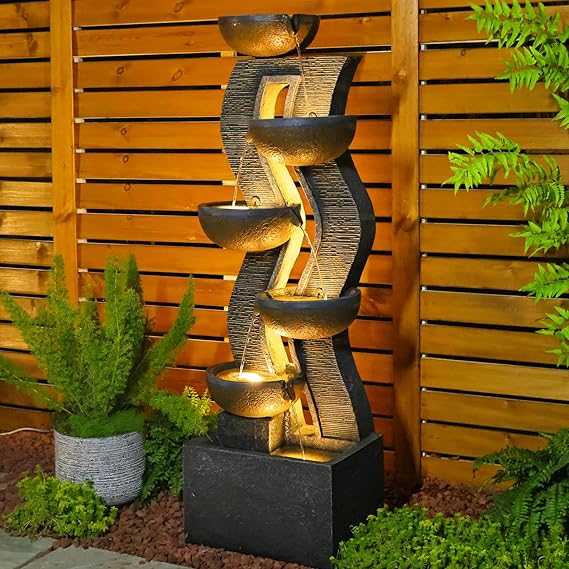 6-Tiered Garden Fountains Outdoor - 52.8''H Water Fountains Outdoor Fountains and Waterfalls Large Outdoor Water Fountain with Light Cascading Waterfall for Patio, Garden, Grey, Resin Fountain