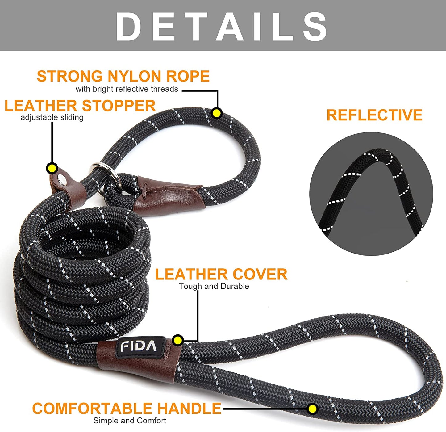 Fida Durable Slip Lead Dog Leash, 6 FT x 1/2" Heavy Duty Dog Loop Leash, Comfortable Strong Rope Slip Leash for Large, Medium Dogs, No Pull Pet Training Leash with Highly Reflective, Black