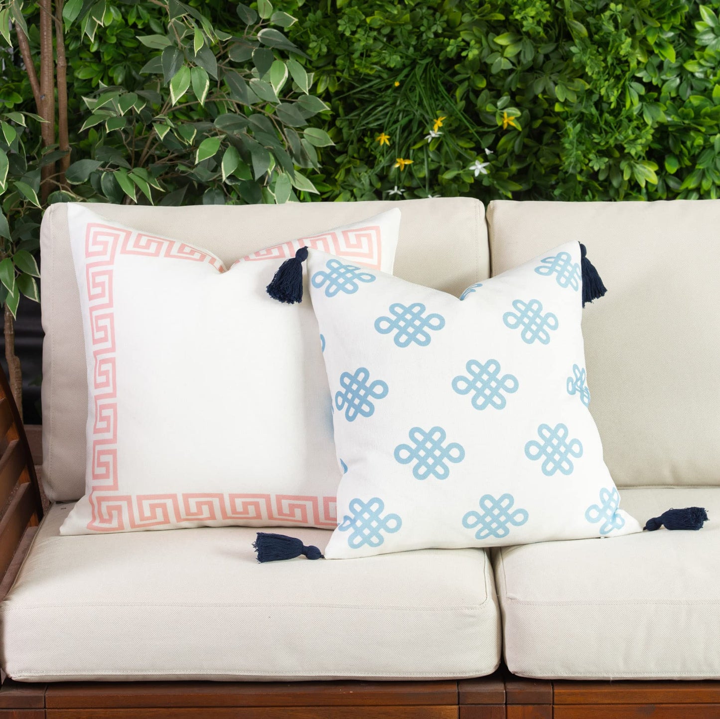 Coastal Patio Indoor Outdoor Pillow Cover ONLYBlue Greek Key Knot Tassel,18"x18"