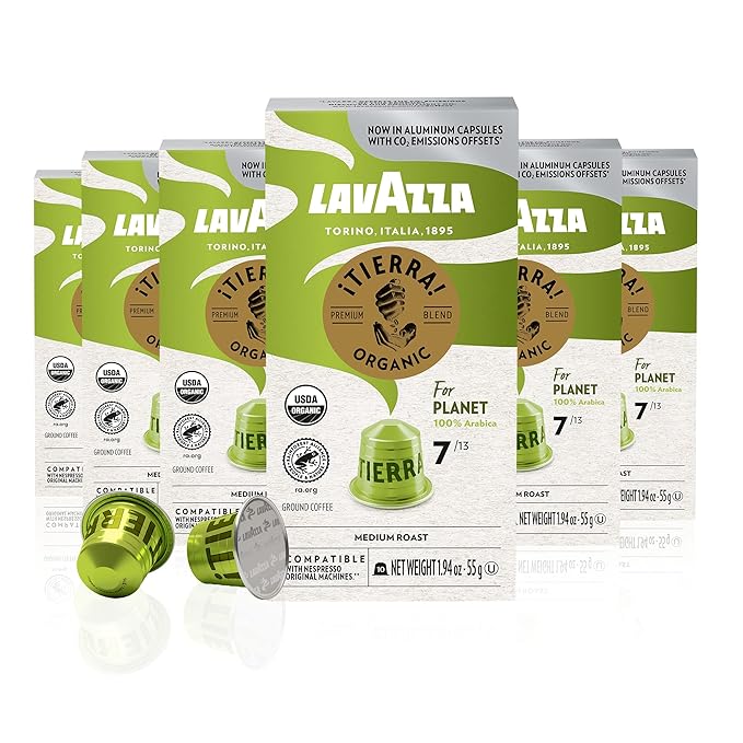 Lavazza TIERRA PLANET USDA ORGANIC Espresso Aluminum Capsules Compatible with Nespresso Original Machines (Pack of 60) , Value Pack, Medium Roast, 100% Arabica, Intensity 7 of 13