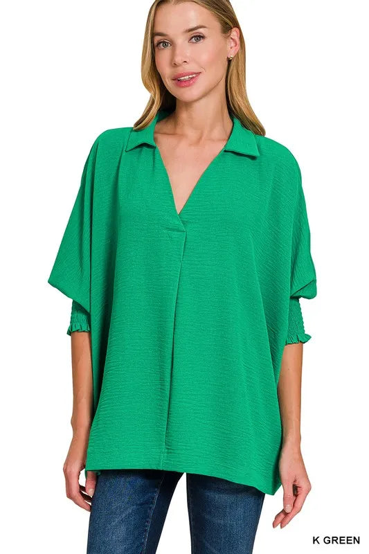 Zenana Airflow Collar Tee with Smocked Sleeve Band Top