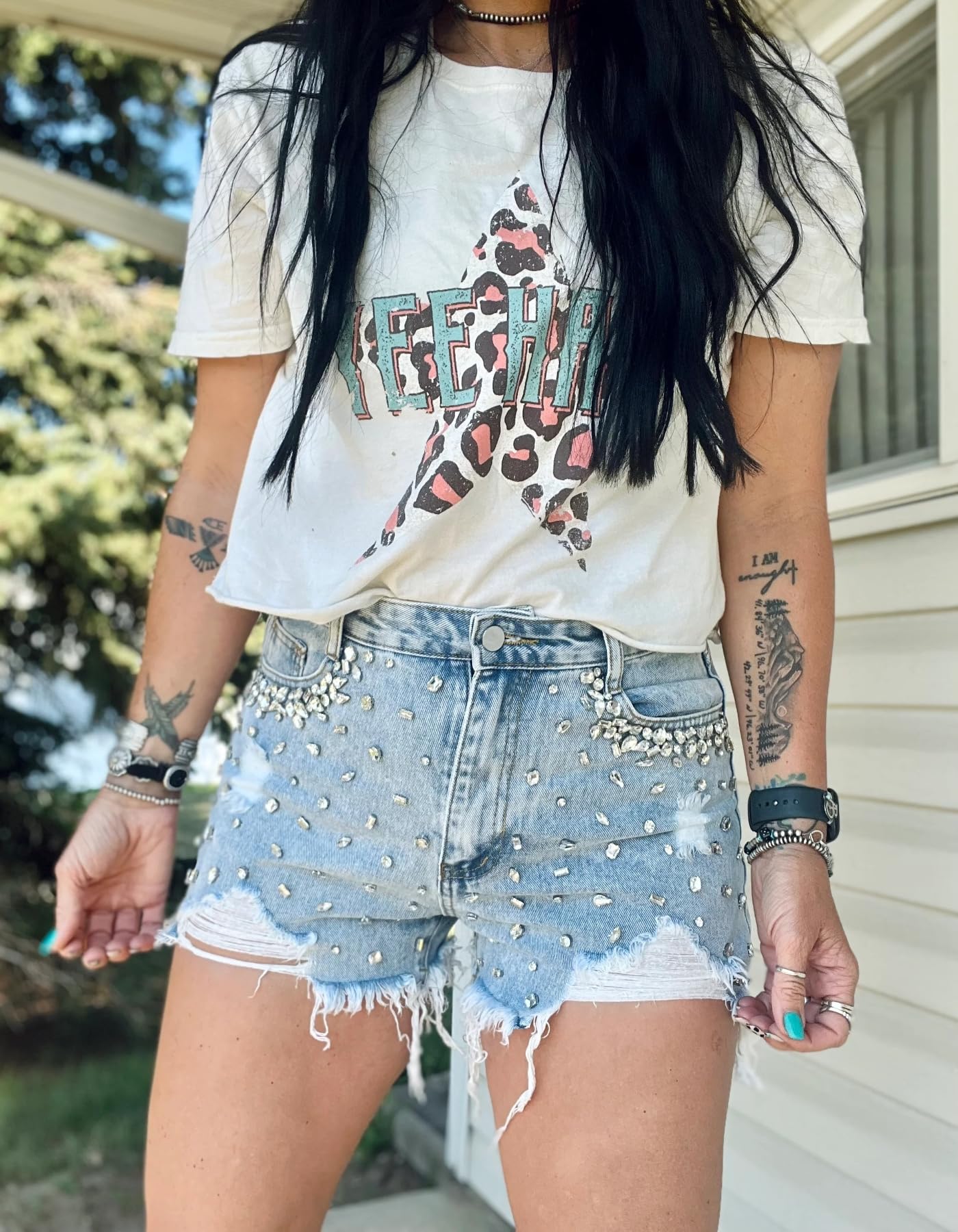 EZAPINE Women's High Waisted Denim Shorts Ripped Hem Frayed Distressed Rhinestone Short Jeans