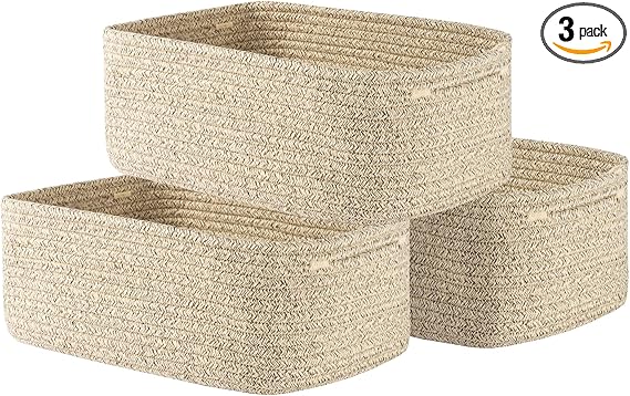 Small Woven Basket, 13.5 x 9.5 x 5 Inches, Storage Basket for Organizing, Cute Small Rope Shelf Closet Cube Storage Bins Baskets for Shelves, Dog Toy Basket, Gift Baskets Empty, 3 Packs, Mixed Brown
