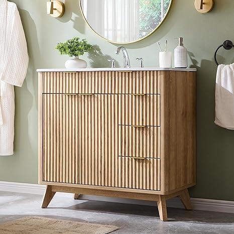 T4TREAM 36" Fluted Bathroom Vanity with Ceramic Sink ComboÇ_ïFreestanding Modern Bathroom Storage Vanity Cabinet with 2 Soft Closing Doors & 3 DrawersÇ_ïWood Grain TextureÇ_ïMetal HandleÇ_ïNatural Oak