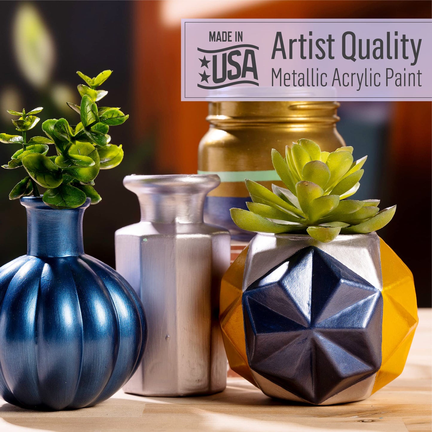 BUNDLE - 3 FolkArt Acrylic Metallic Gold & Silver Paint w/ 20 Bosobo Brushes