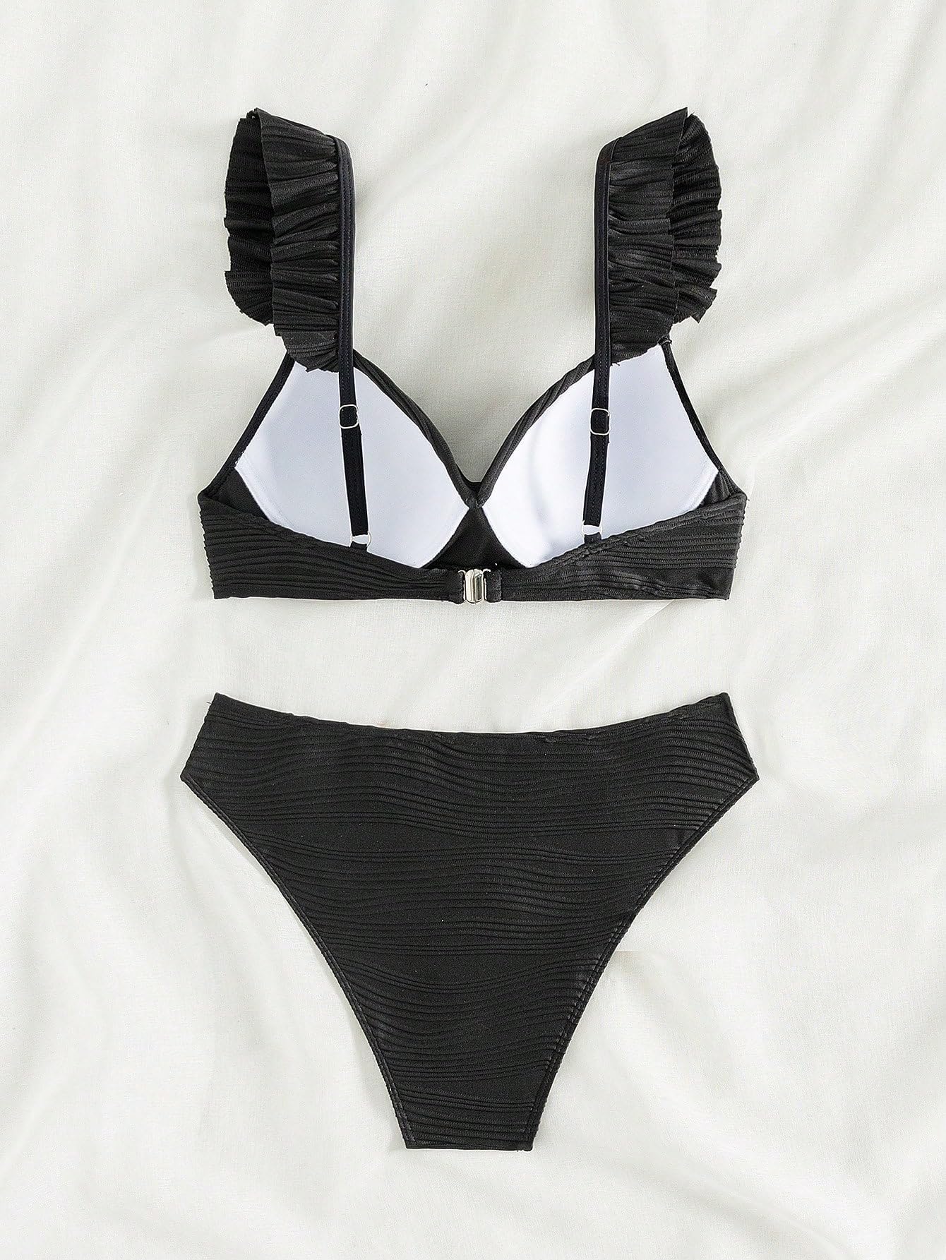 MakeMeChic Women's 2 Piece Bikini Set Ruffle Trim Push Up High Cut Bathing Suit Swimsuit Black S