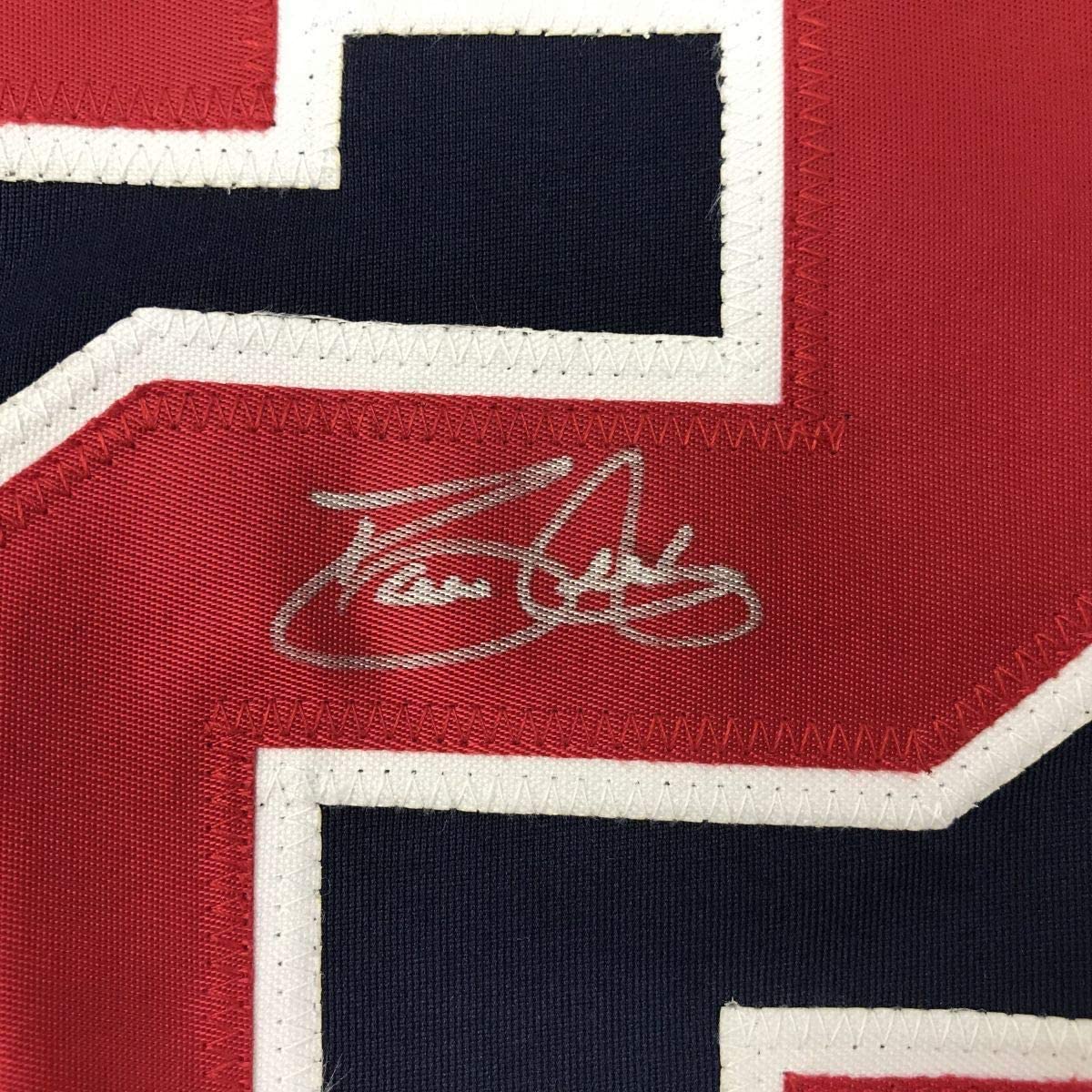 Framed Autographed/Signed David Justice 35x39 Atlanta Blue Baseball Jersey JSA COA