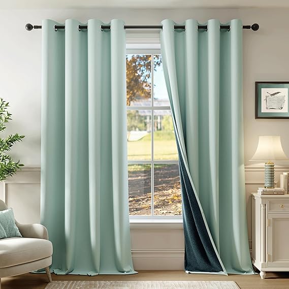Beauoop 100% Blackout Curtains 84 Inch Long 2 Panels for Bedroom Living Room Seafoam Green Solid Room Darkening Thermal Insulated Soundproof Energy Saving Grommet Top Window Treatment Drapes, 52x84