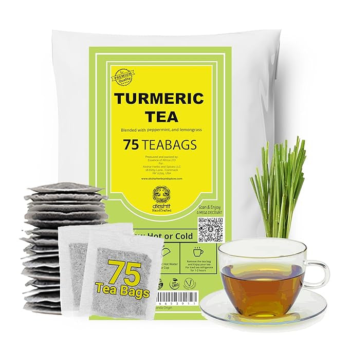 Akshit 75 Natural Turmeric Tea Bags,Turmeric Black Pepper Tea Blend, Te De Curcuma, Pure Tumeric Tea blend, Caffeine Free Herbal Tea, Non-Gmo. Pack of 1