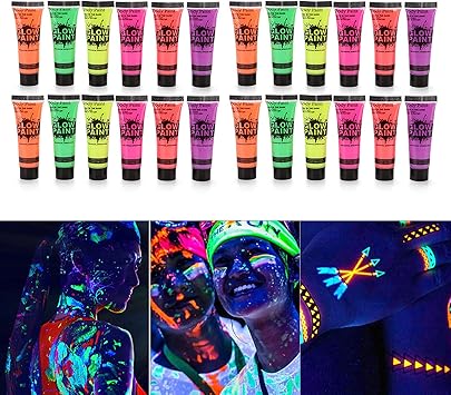 24 Tubes 10ml/0.34oz Art Body Paint Glow in Light Face & Body Paint with 6 Colors Glow Blacklight Neon Fluorescent for Party Clubbing Festival Halloween Makeup