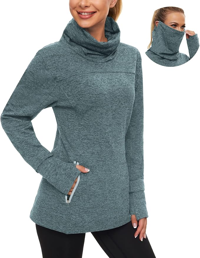 Soneven Women's Running Fleece Sweatshirts Cowl Neck Pullover Long sleeve Shirt with Thumb Holes and Neck Gaiter Face Mask
