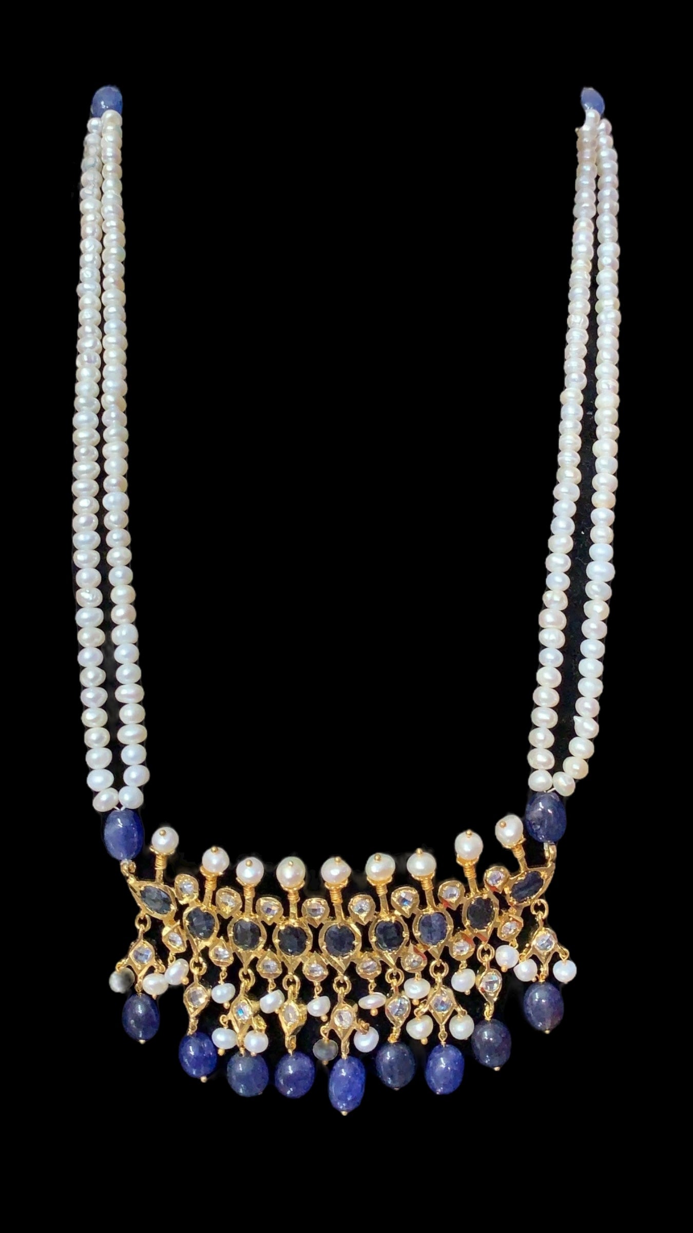 Tirmani Necklace Set with chandbali Earrings – 22K Gold-Plated Jewelry with Freshwater Pearls and sapphire
( SHIPS IN 4 WEEKS )