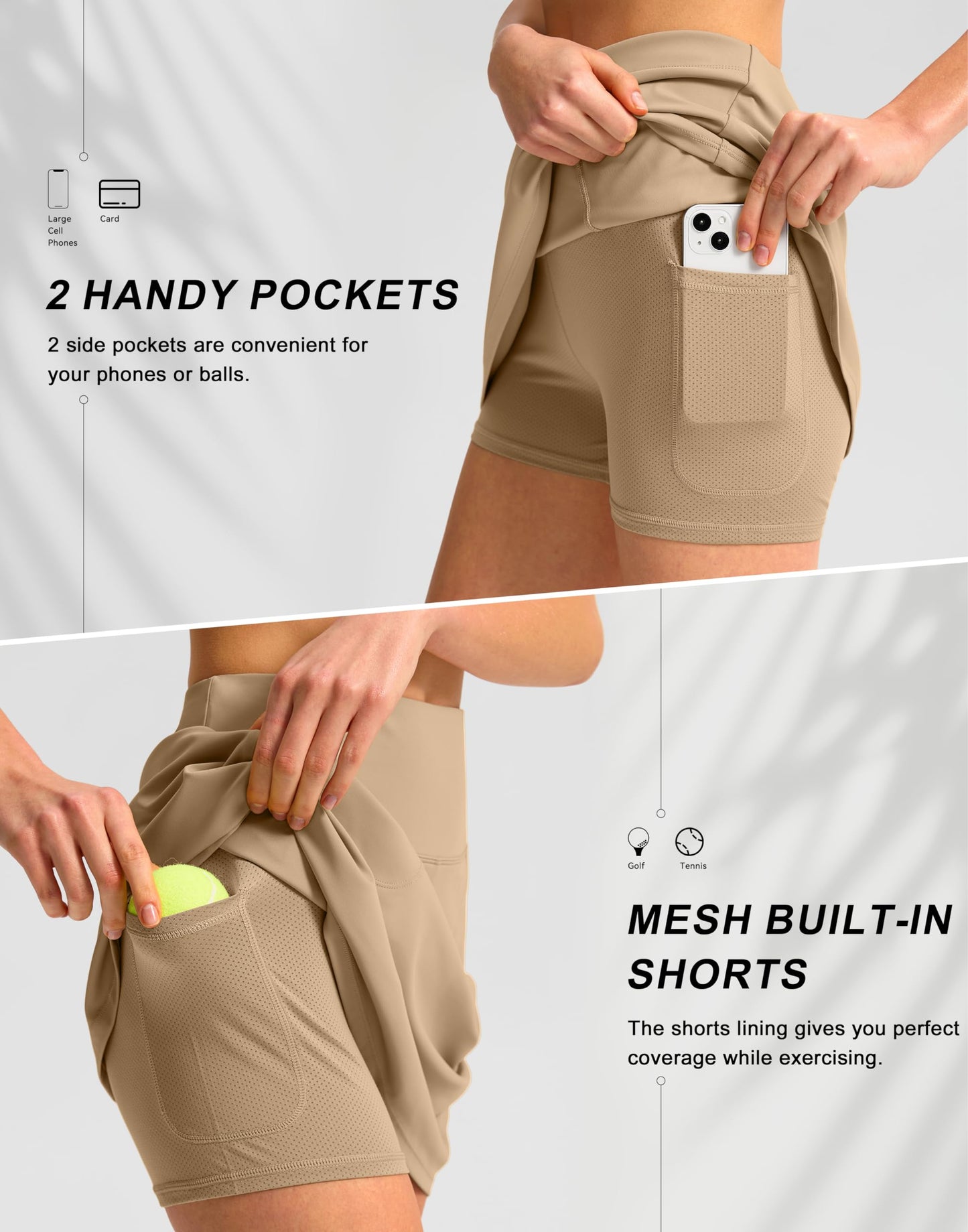 SANTINY 16" Golf Skorts Skirts for Women with 4 Pockets Women's High Waisted Stretchy Tennis Skirt Athletic Skort (Light Khaki_M)
