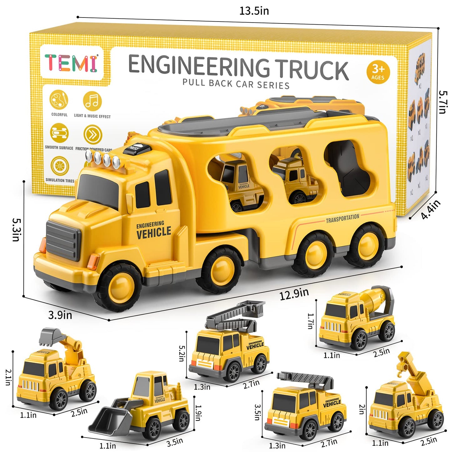 Construction Truck Toys Cars for Toddlers 3-6, 7-in-1 Friction Power Vehicle